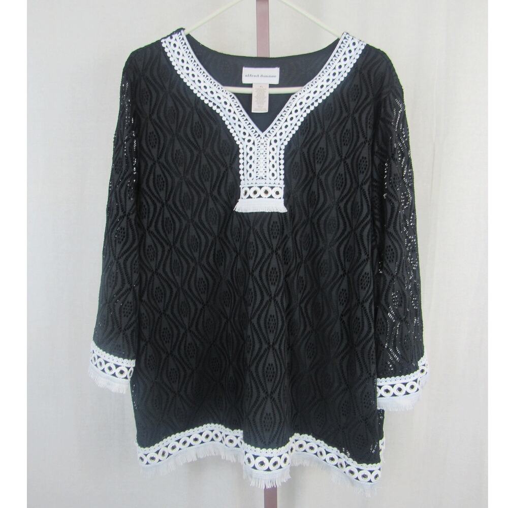 Alfred Dunnner XL Women's Checkmate Textured Top with Lace Trim Black White